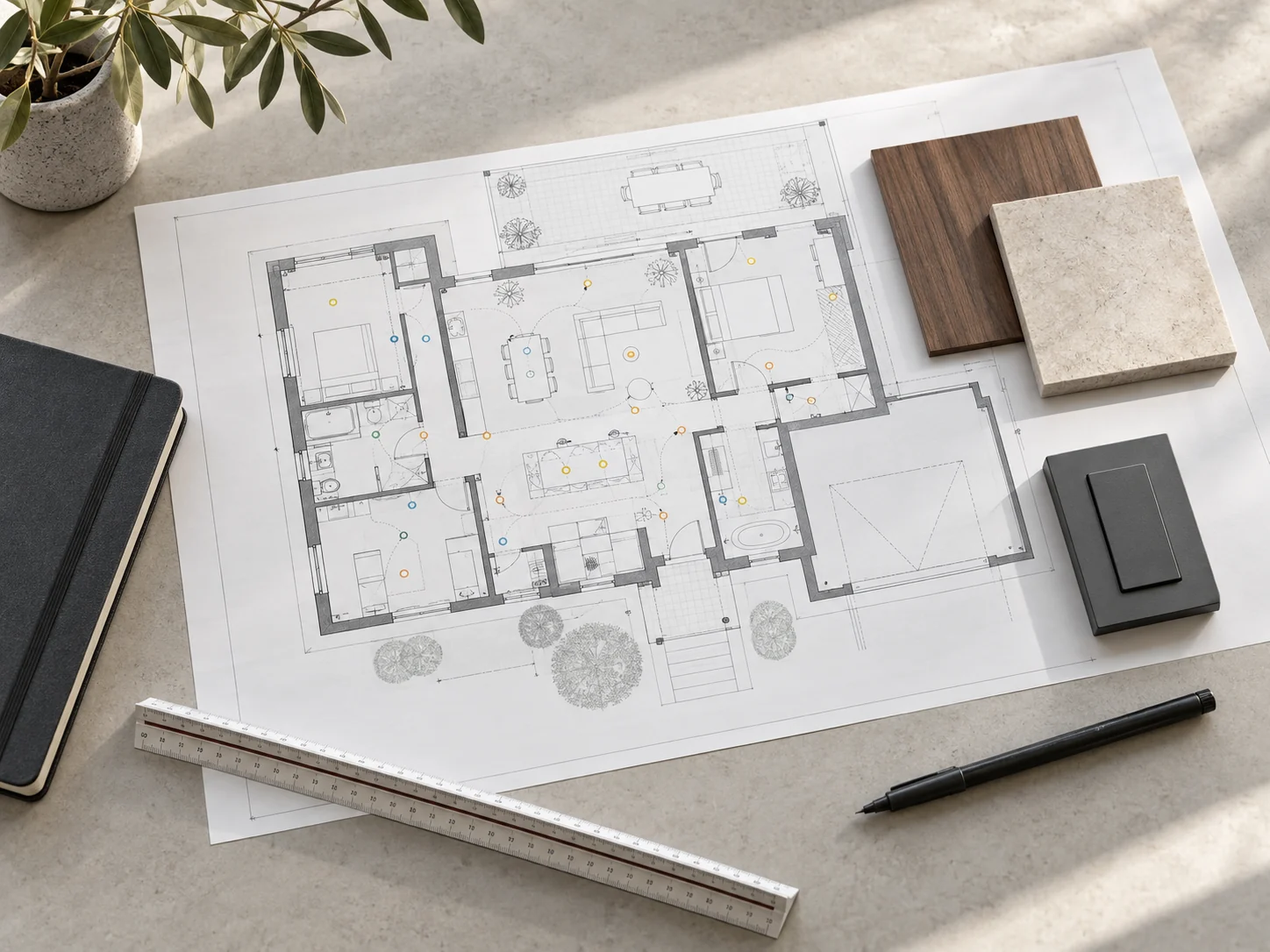 Visualización conceptual de una mesa con plano, muestras y control para coordinar un proyecto domótico